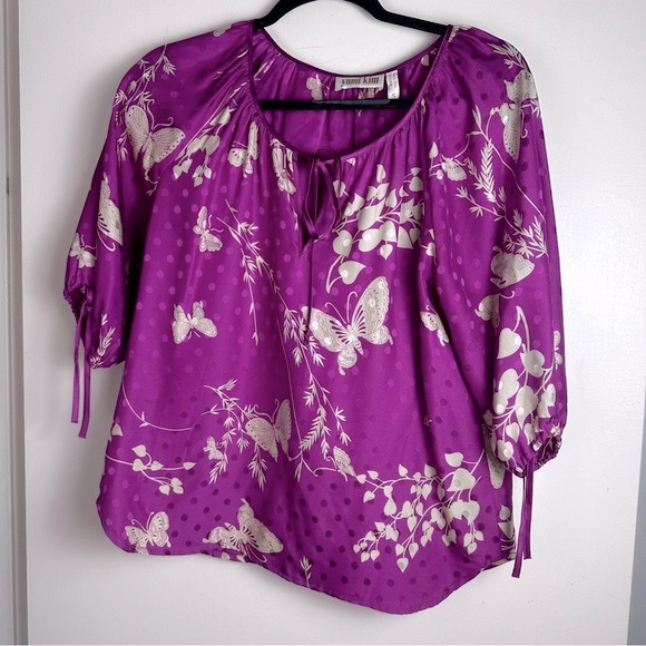 Yumi Kim Pink 100% Silk Butterfly Floral Polka Dot Prints Tie Cuff/Neck Blouse S - Picture 2 of 14